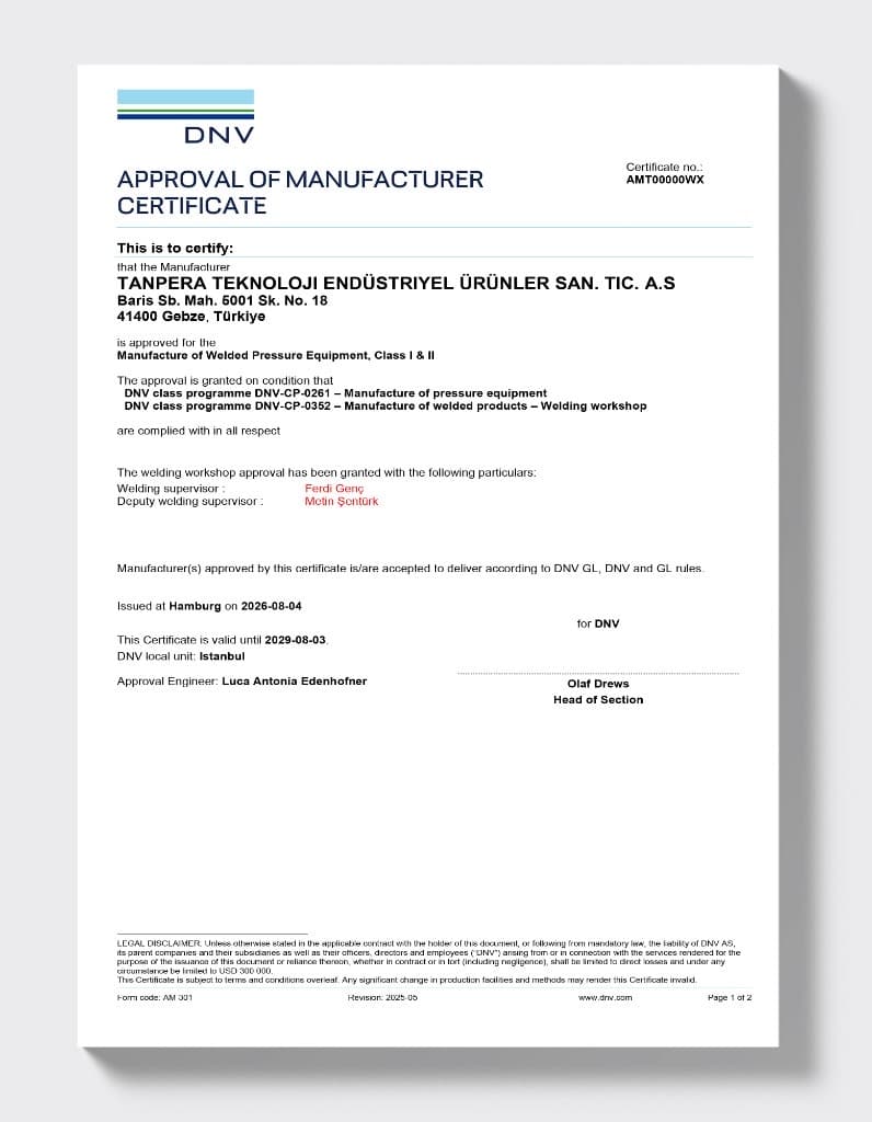 DNV — Herstellerzulassungszertifikat (Druckgeräte, Klasse I & II)