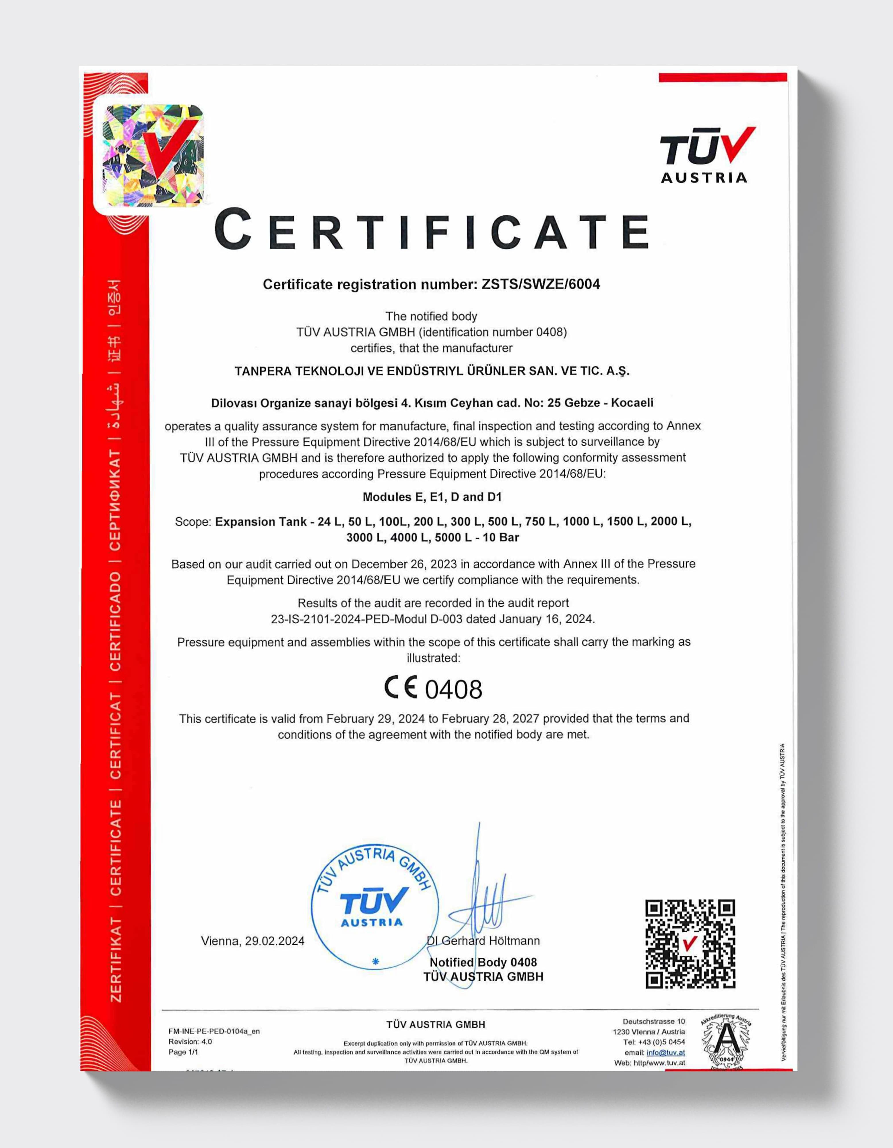 TÜV AUSTRIA — Ausdehnungsgefäße Modul D